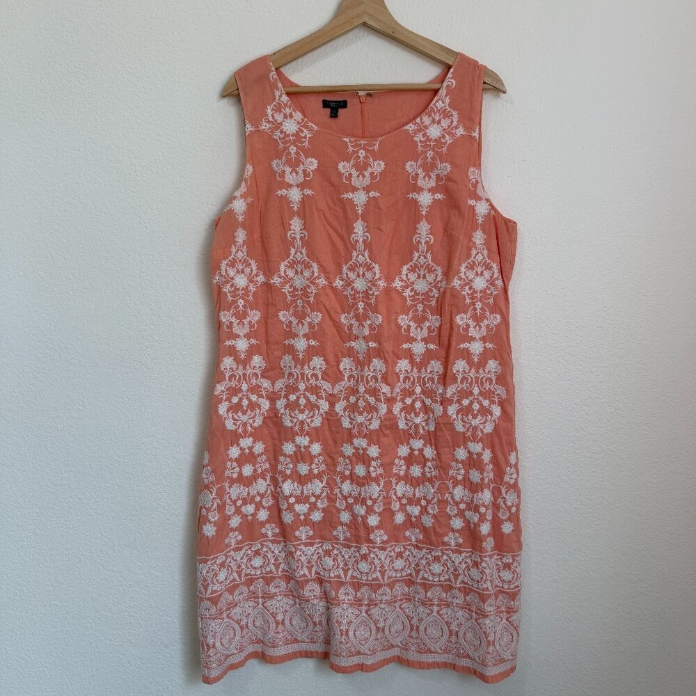 Talbots Orange / Peach Sleeveless Embroidered Cotton Sheath Dress - Size 16P